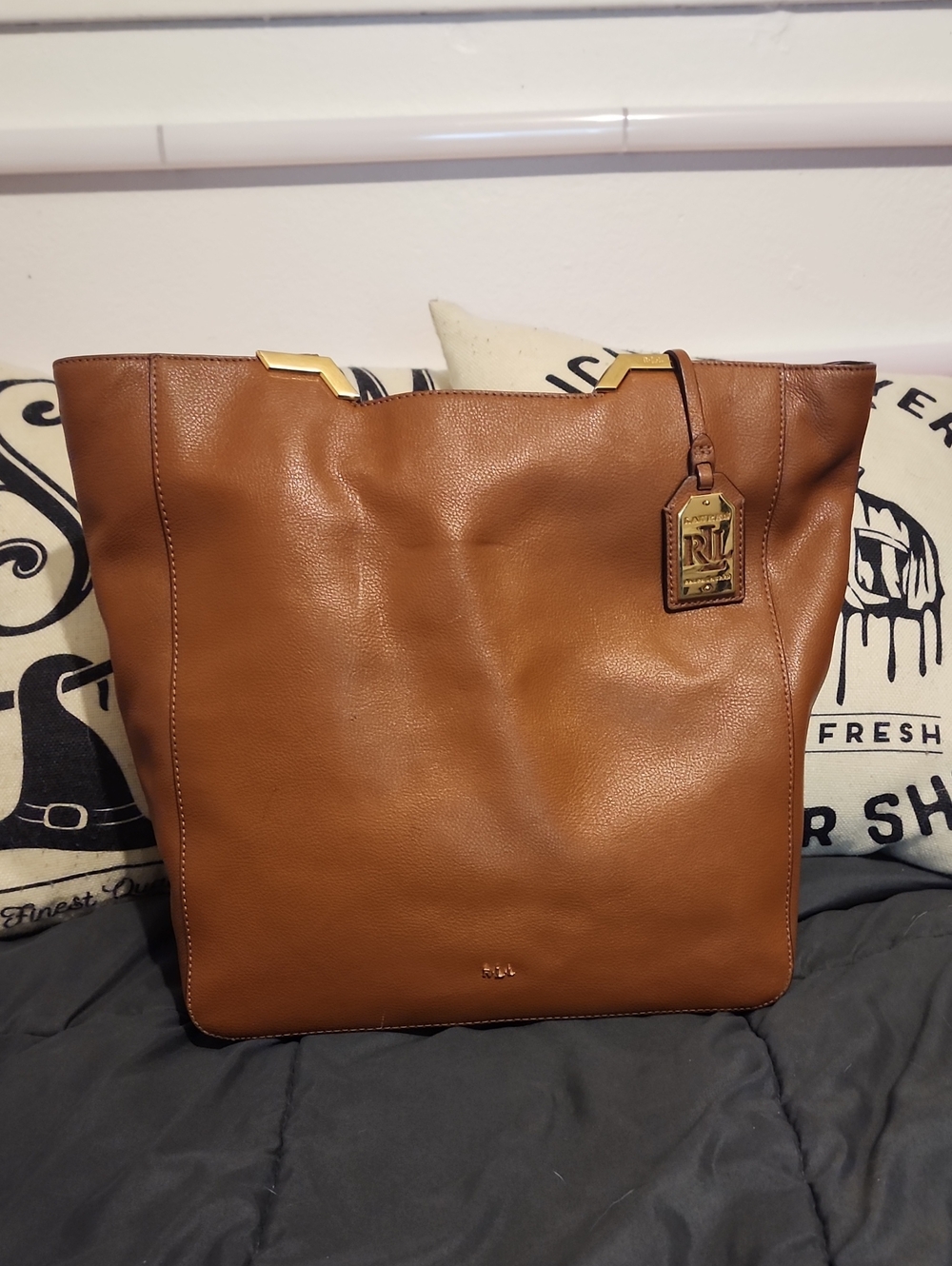 Ralph Lauren RLL Cognac Leather Tote with Gold Hardware - Clean! Large Tote!